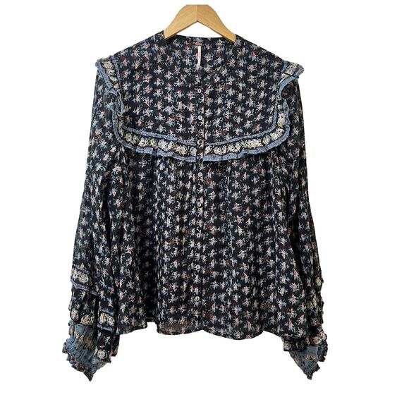 Free People Jenna Floral Peasant Flowy Button Up Top Size L Navy Boho Hippie - Picture 1 of 9